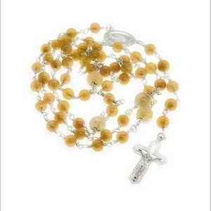 925 SS cross charm yellow jade rosary necklace
